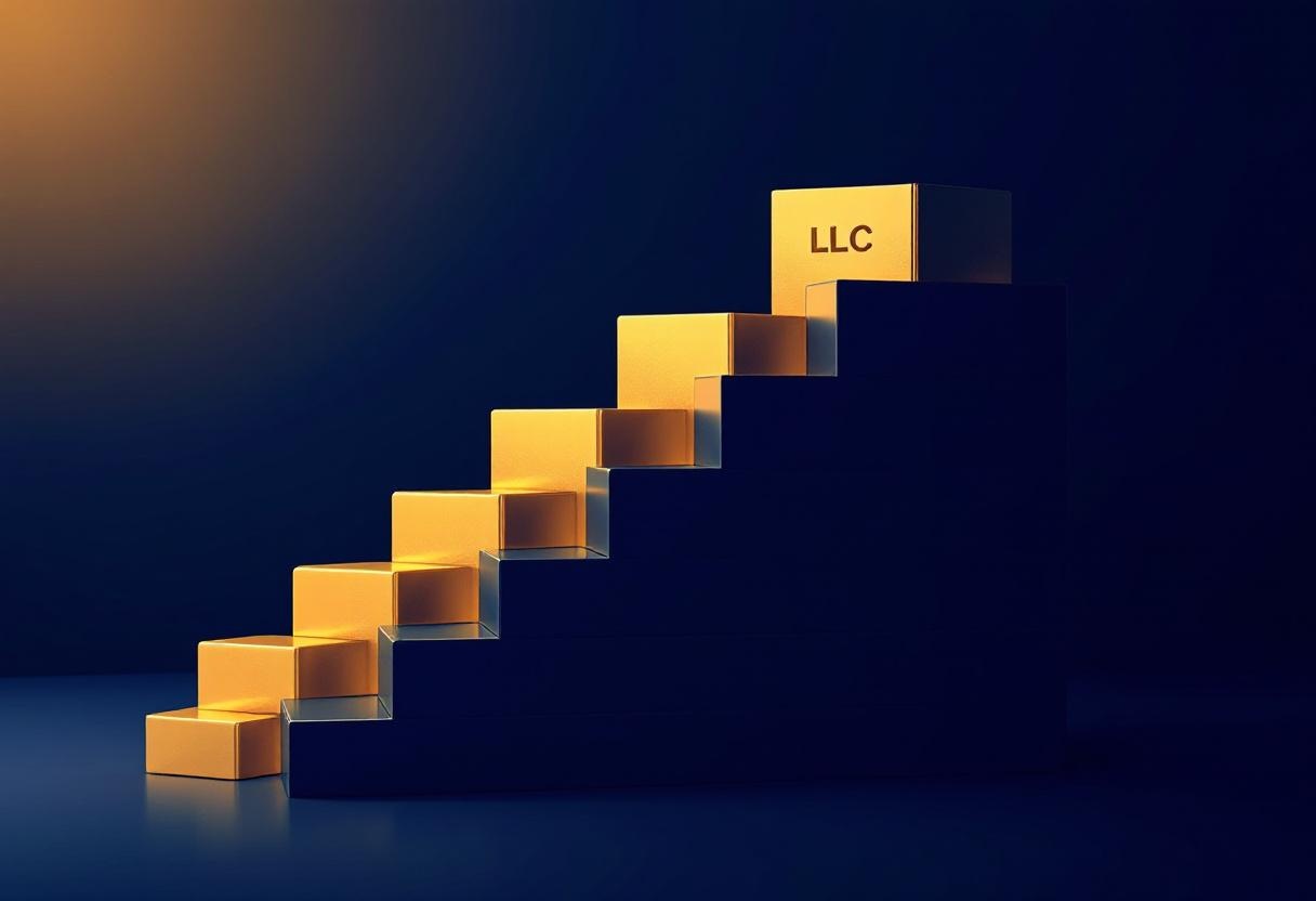 Golden building blocks forming a staircase representing LLC, EIN, DUNS, and Credit foundation steps