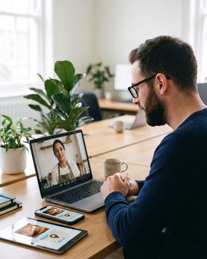 The analyst on a video call with a bakery owner while matching business profiles show on a phone and a tablet