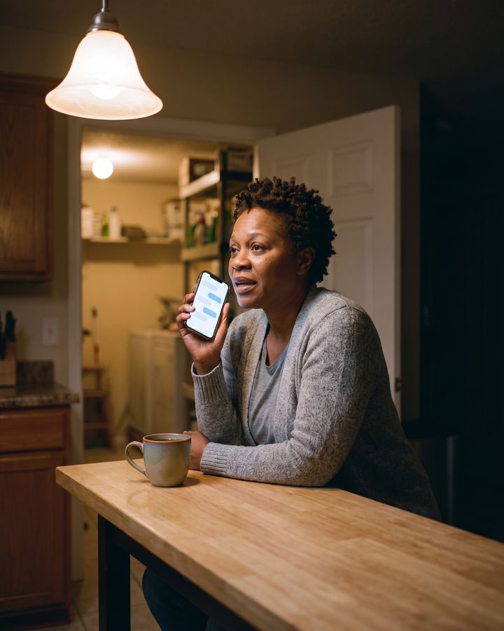 The same homeowner at her kitchen island speaking a question into her phone