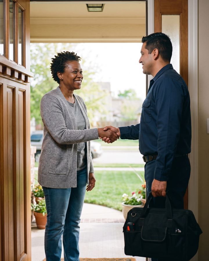 Next morning the homeowner shakes hands with a plumber at her front door