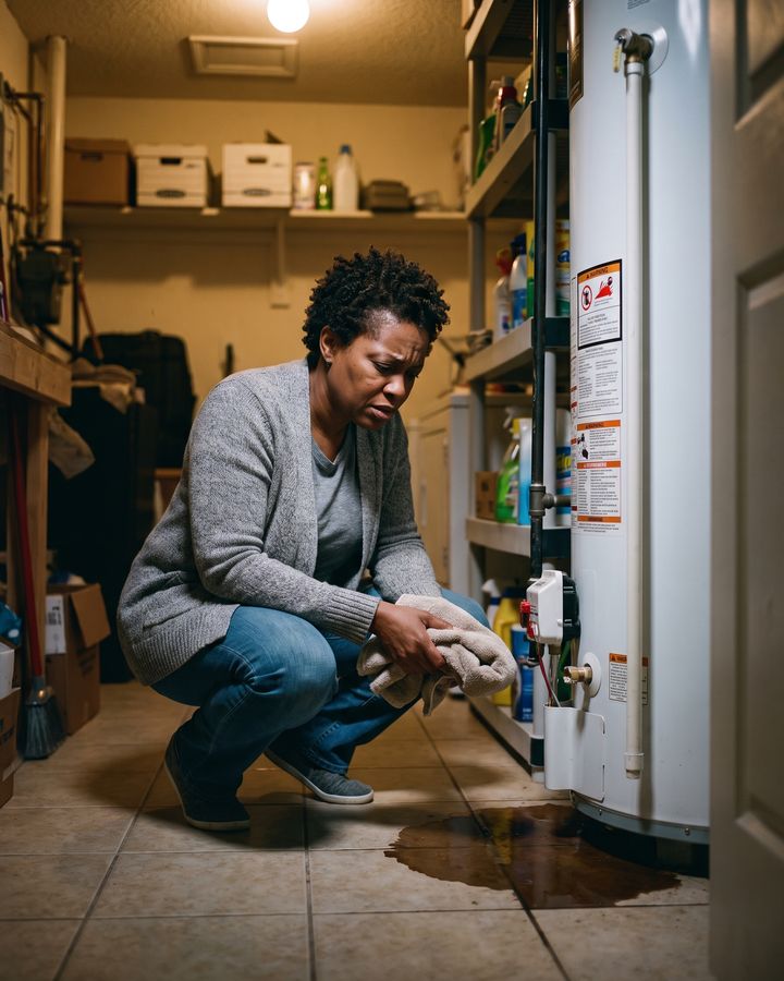 A homeowner crouches by her water heater at night, looking at a puddle spreading across the floor