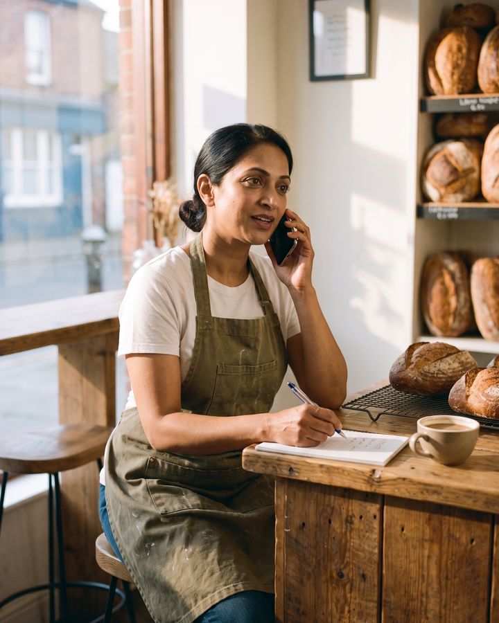 The bakery owner on a phone call at her counter, pen and notepad in hand