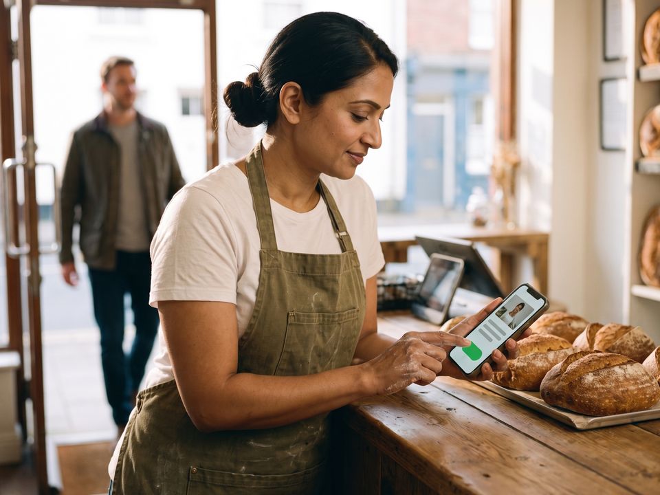 Between customers, the bakery owner taps approve on her phone