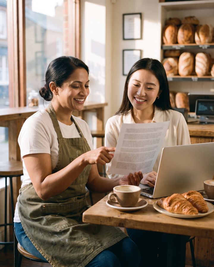 A bakery owner and a content writer review a page draft together at a cafe table