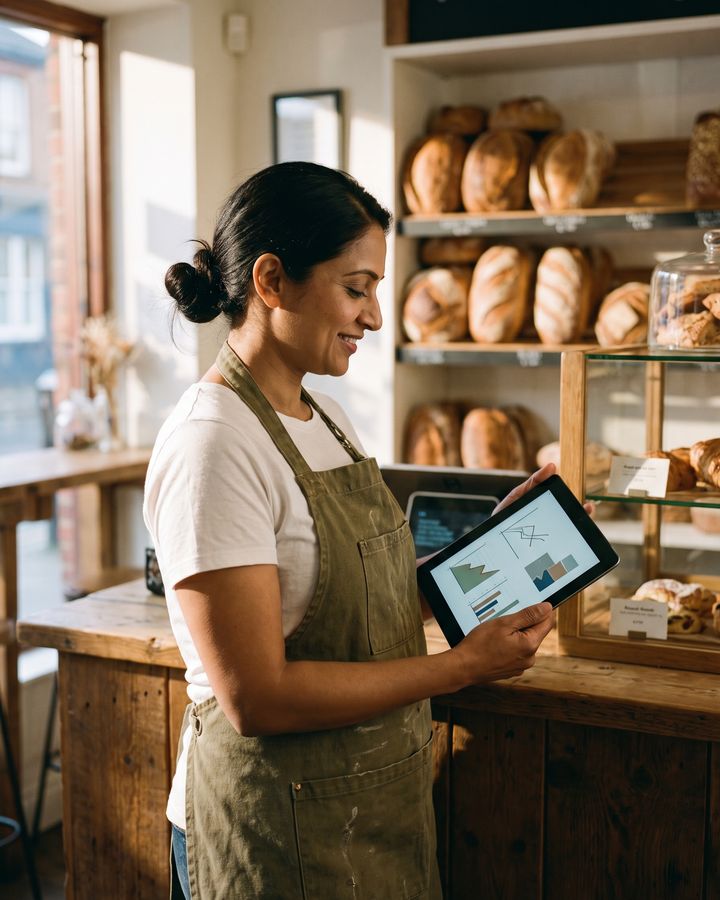 The bakery owner reads charts on a tablet behind her counter