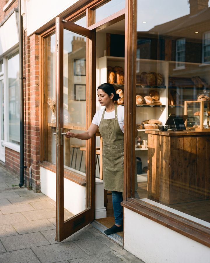 A bakery owner swings open her front door at sunrise