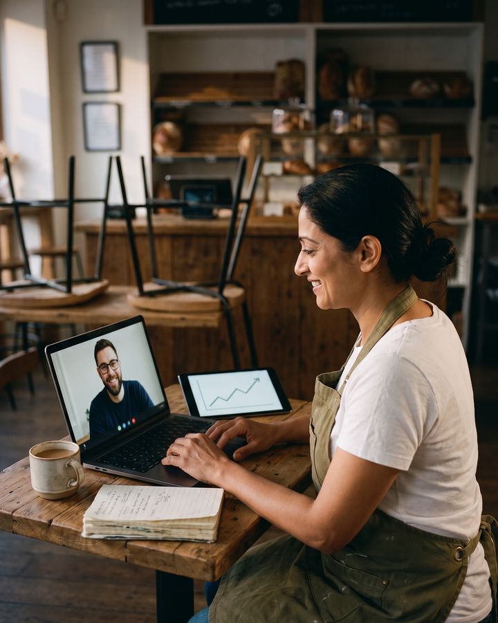 After closing, the bakery owner reviews a chart with the analyst on a video call