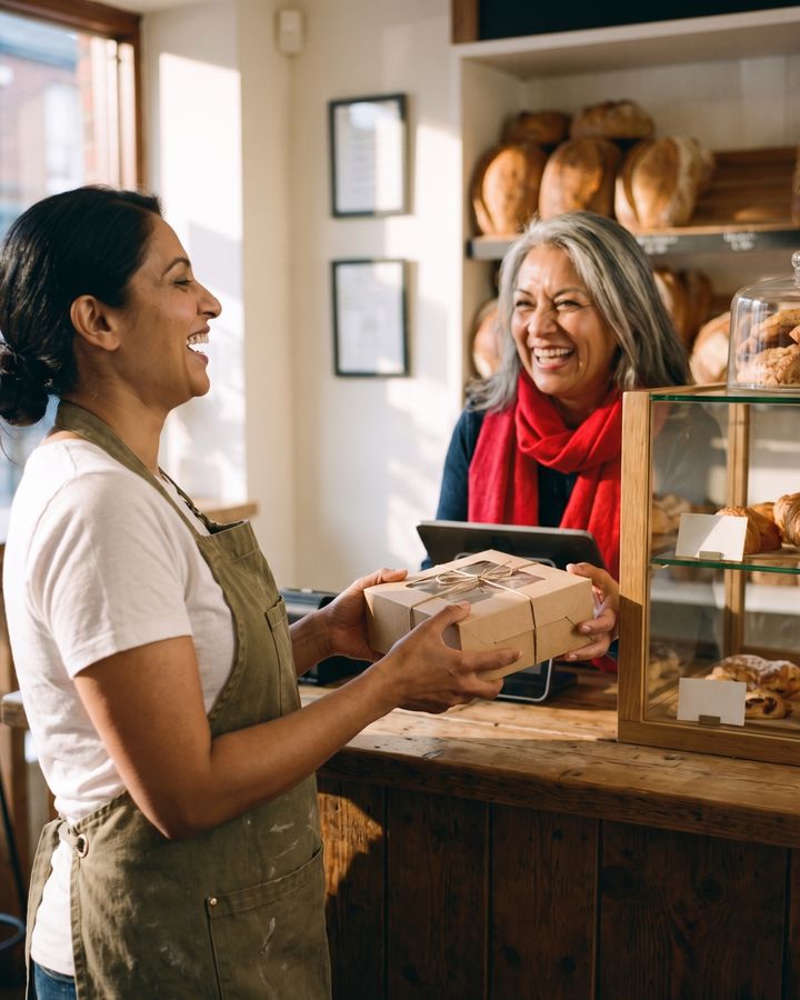The bakery owner hands a pastry box to a laughing regular customer