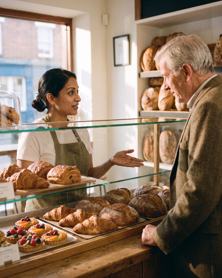 The bakery owner explains her pastry case to a customer