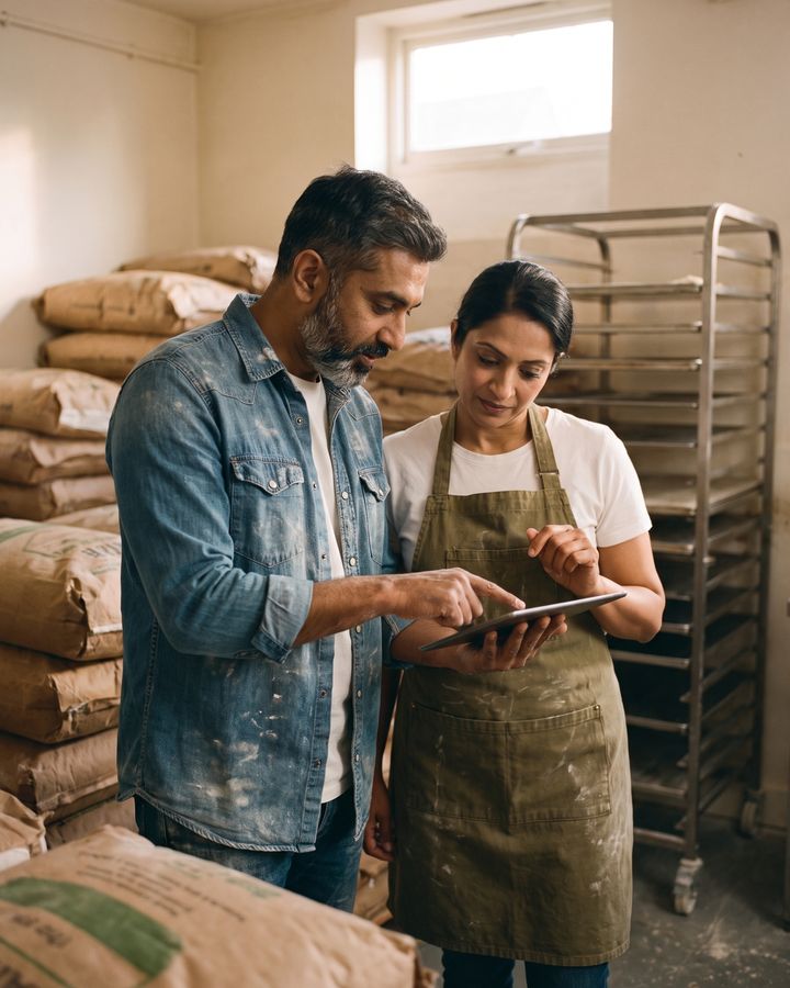 The bakery owner and her business partner point at a chart on a tablet in the back room