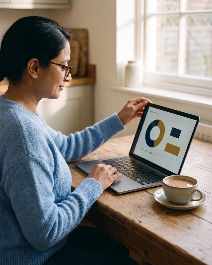 The bakery owner at her kitchen table opens the report on her laptop