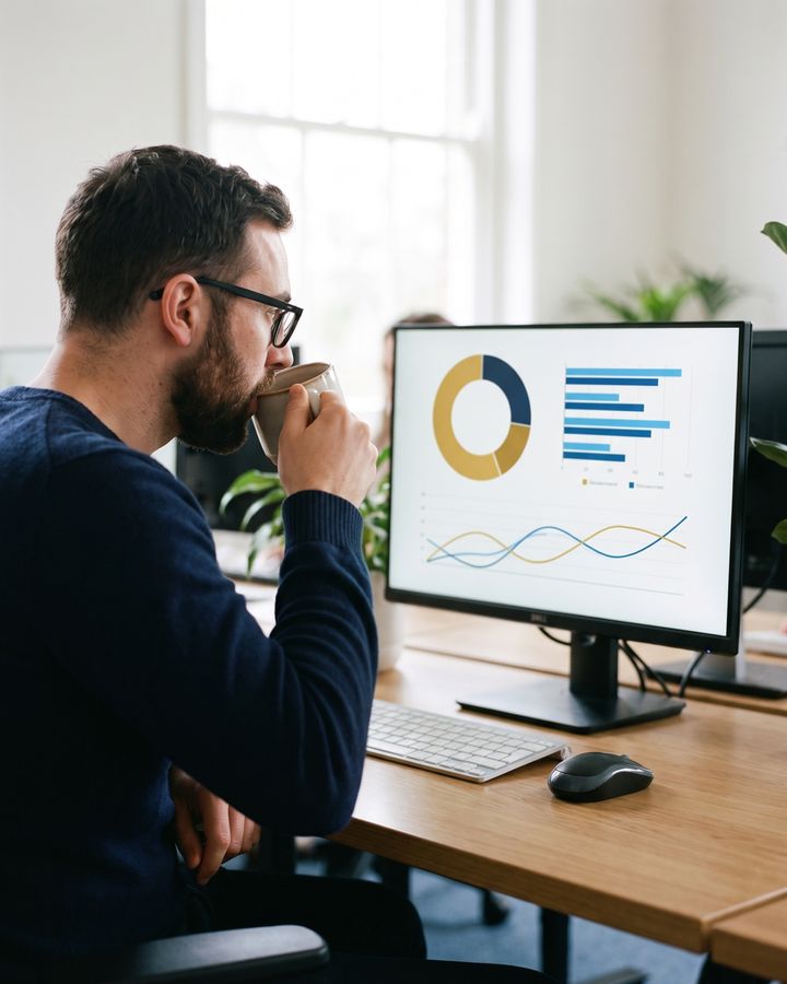 The analyst reviews a dashboard of charts on his monitor while sipping coffee