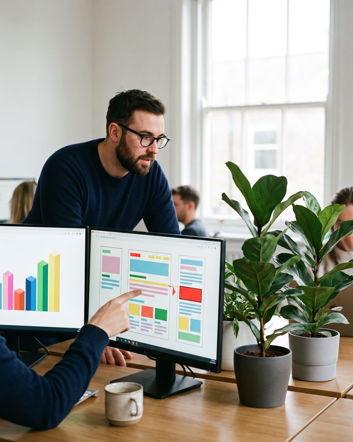 An analyst points at a highlighted problem on a website audit shown on his monitors