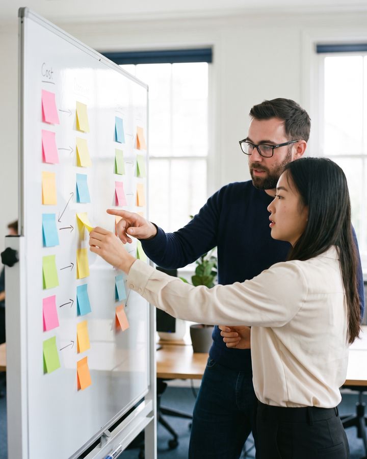 The analyst and the writer plan at a whiteboard covered in sticky notes