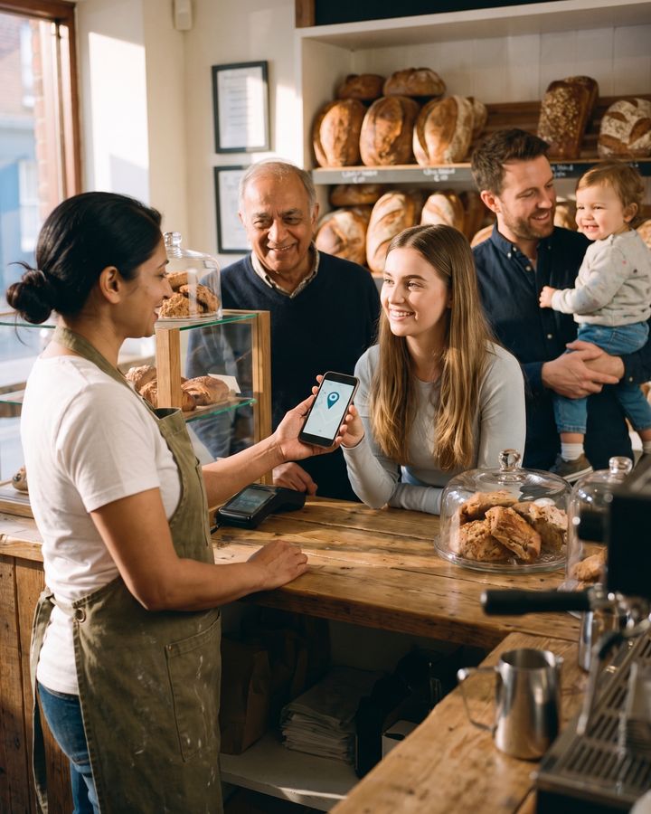 The bakery owner serves a line of customers at her counter