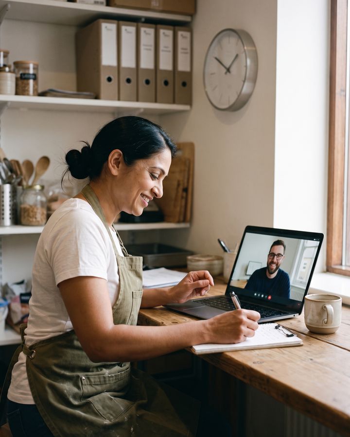 The bakery owner takes notes during an onboarding video call with the analyst