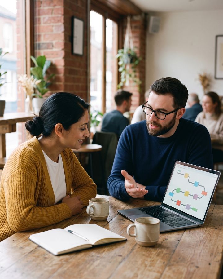 The bakery owner and the analyst review a roadmap on a laptop at a cafe table