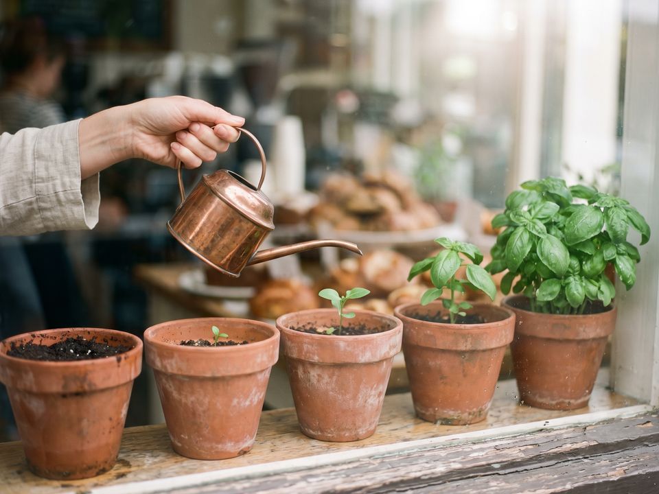 A hand waters a row of pots with seedlings at larger and larger growth stages