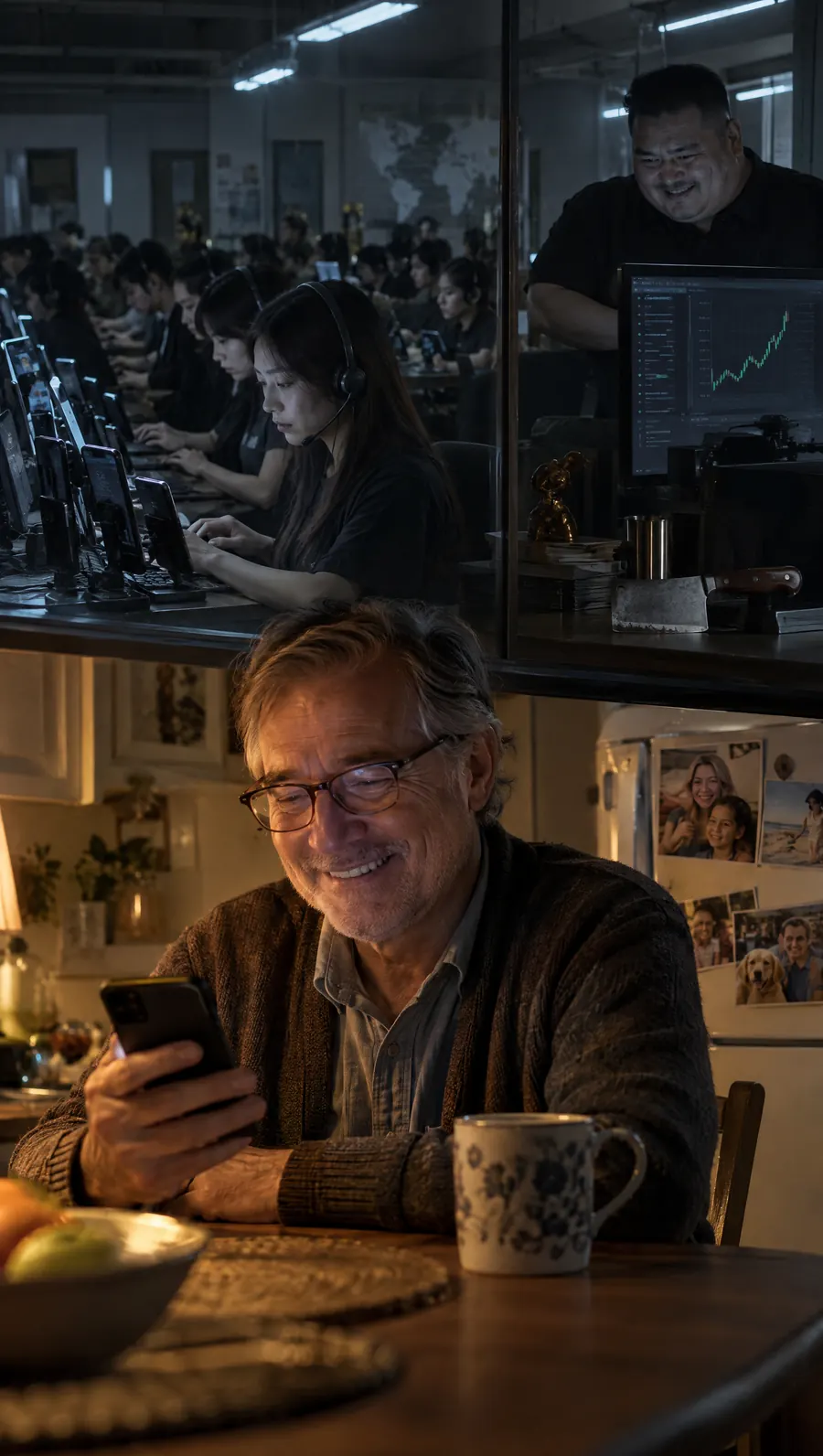 A smiling older man reads his phone at his kitchen table while, behind a glass wall, rows of scam call center workers and a grinning boss watch a fake rising crypto chart